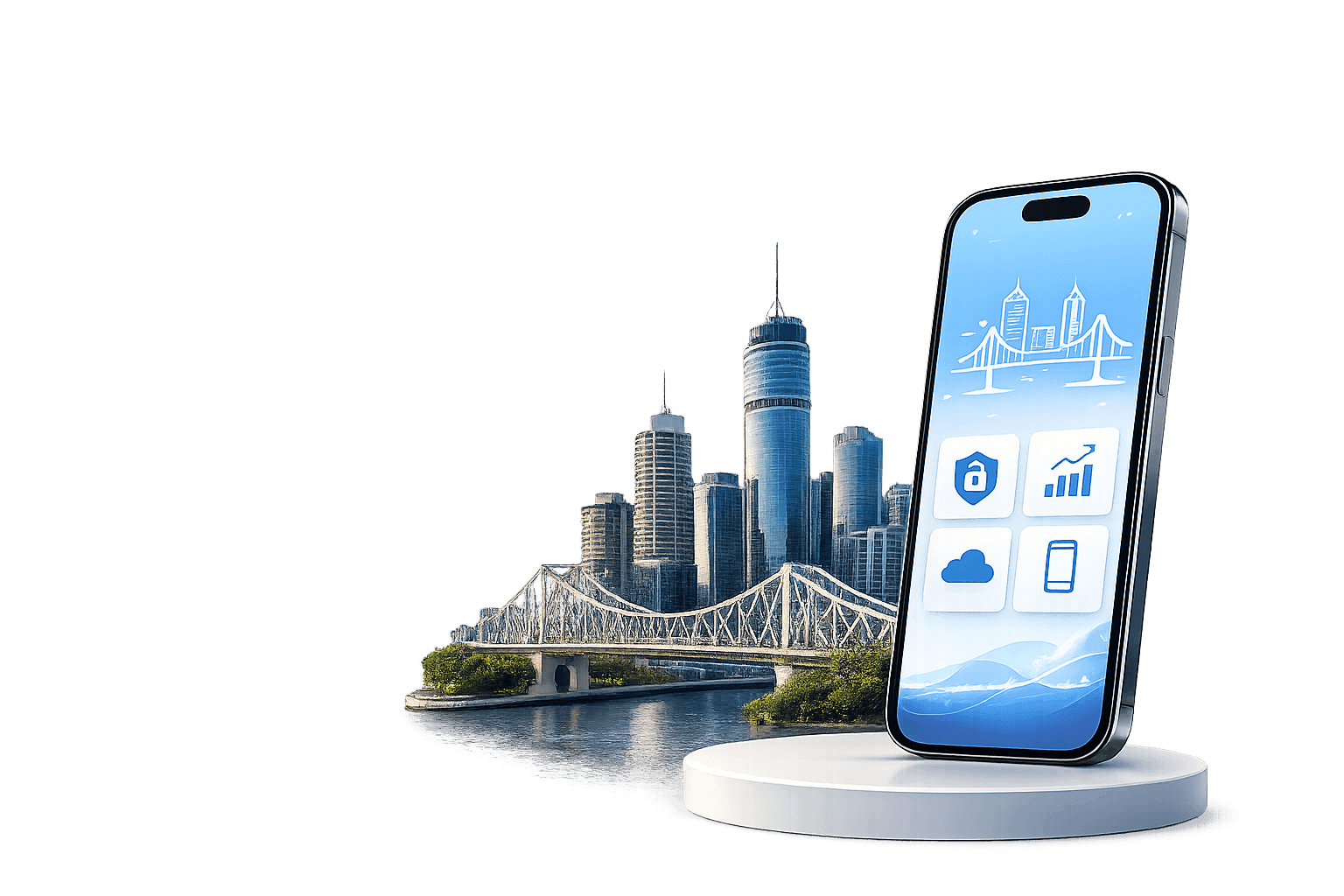 Modern smartphone with city skyline.