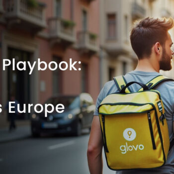 Glovo valuation 2025 infographic showing $2.6B market worth, 23 countries served, 65,000+ couriers, and 99,000+ partner businesses in European delivery app development industry.