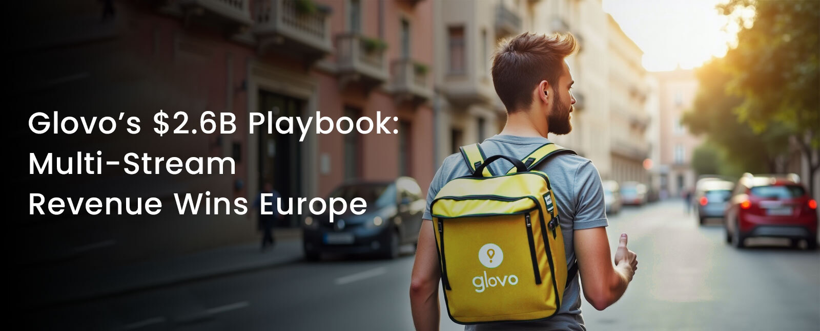 Glovo valuation 2025 infographic showing $2.6B market worth, 23 countries served, 65,000+ couriers, and 99,000+ partner businesses in European delivery app development industry.